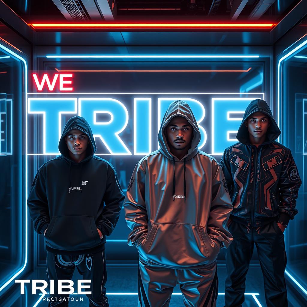 An ultra-modern promotional image for a clothing brand named 'TRIBE', set in a sleek, high-tech environment with glowing neon accents in shades of blue, brown, silver, and black