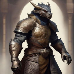 A high-quality digital art piece rendered in a medievalpunk style, showcasing a dragonborn with a medievalpunk prosthesis