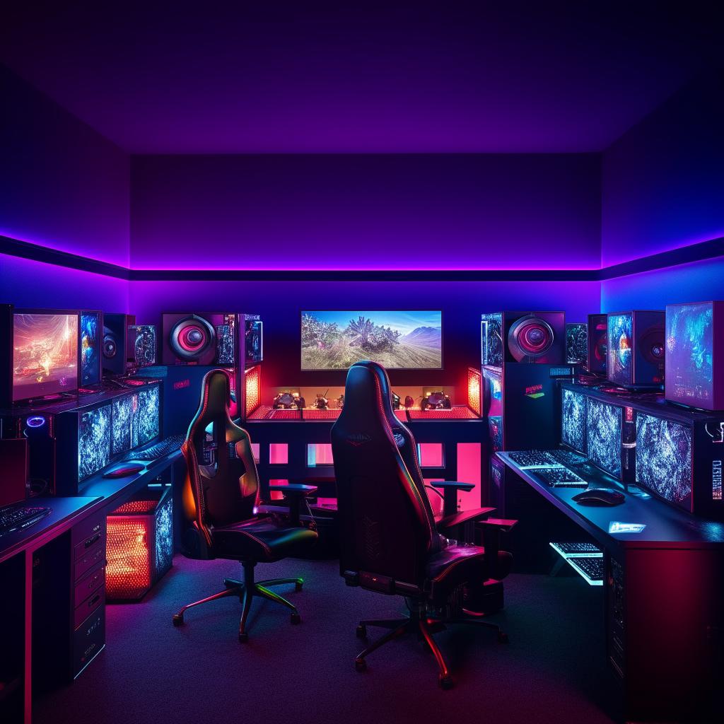 A sophisticated gaming room setup with high-end computer systems, vibrant RGB lighting, comfortable gaming chairs, and multiple monitors.