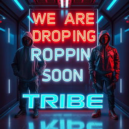 An ultra-modern promotional image for a clothing brand named 'TRIBE', set in a sleek, high-tech environment with glowing neon accents in shades of blue, brown, silver, and black