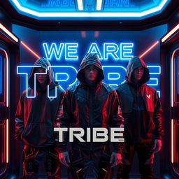 An ultra-modern promotional image for a clothing brand named 'TRIBE', set in a sleek, high-tech environment with glowing neon accents in shades of blue, brown, silver, and black