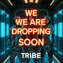 An ultra-modern promotional image for a clothing brand named 'TRIBE', set in a sleek, high-tech environment with glowing neon accents in shades of blue, brown, silver, and black
