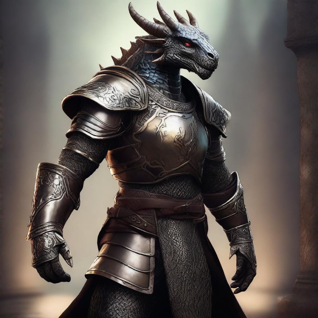 A high-quality digital art piece, rendered in a medievalpunk style, featuring a dragonborn with a medievalpunk prosthesis