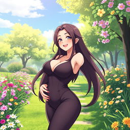 An anime-style character of a mother with an attractive figure, featuring large breasts and a curvy silhouette