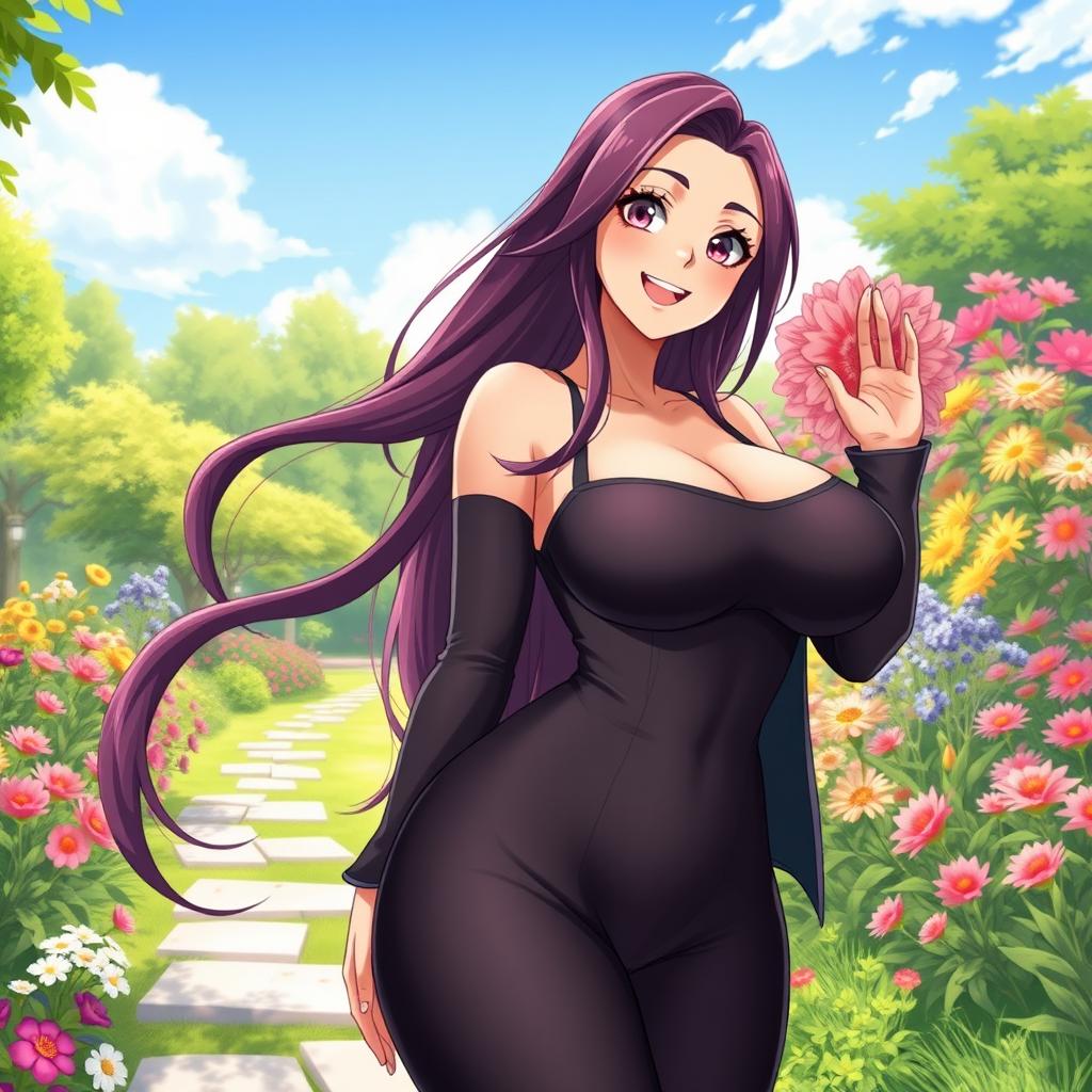 An anime-style character of a mother with an attractive figure, featuring large breasts and a curvy silhouette