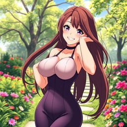 An anime-style character of a mother with an attractive figure, featuring large breasts and a curvy silhouette