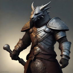 A high-quality digital art piece, rendered in a medievalpunk style, featuring a dragonborn with a medievalpunk prosthesis