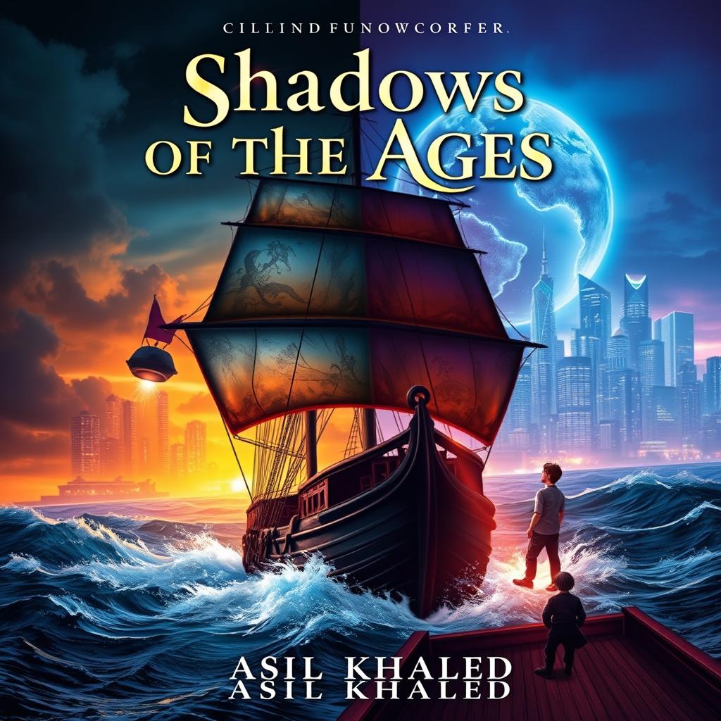 A majestic sailing ship named 'Shadows of the Ages' sailing through tumultuous waves in the lower half of the cover, symbolizing a pirate world