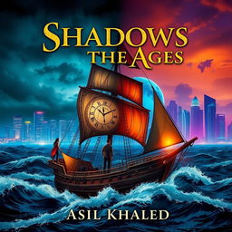 A majestic sailing ship named 'Shadows of the Ages' sailing through tumultuous waves in the lower half of the cover, symbolizing a pirate world