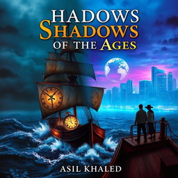 A majestic sailing ship named 'Shadows of the Ages' sailing through tumultuous waves in the lower half of the cover, symbolizing a pirate world