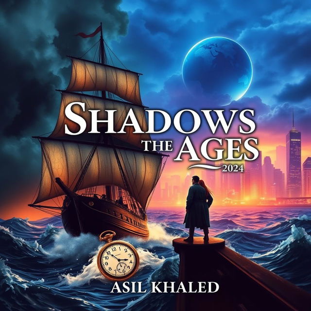 A majestic sailing ship named 'Shadows of the Ages' sailing through tumultuous waves in the lower half of the cover, symbolizing a pirate world