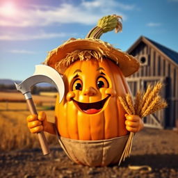 A whimsical pumpkin character resembling a farmer, wearing a self-made farmer's hat decorated with straw