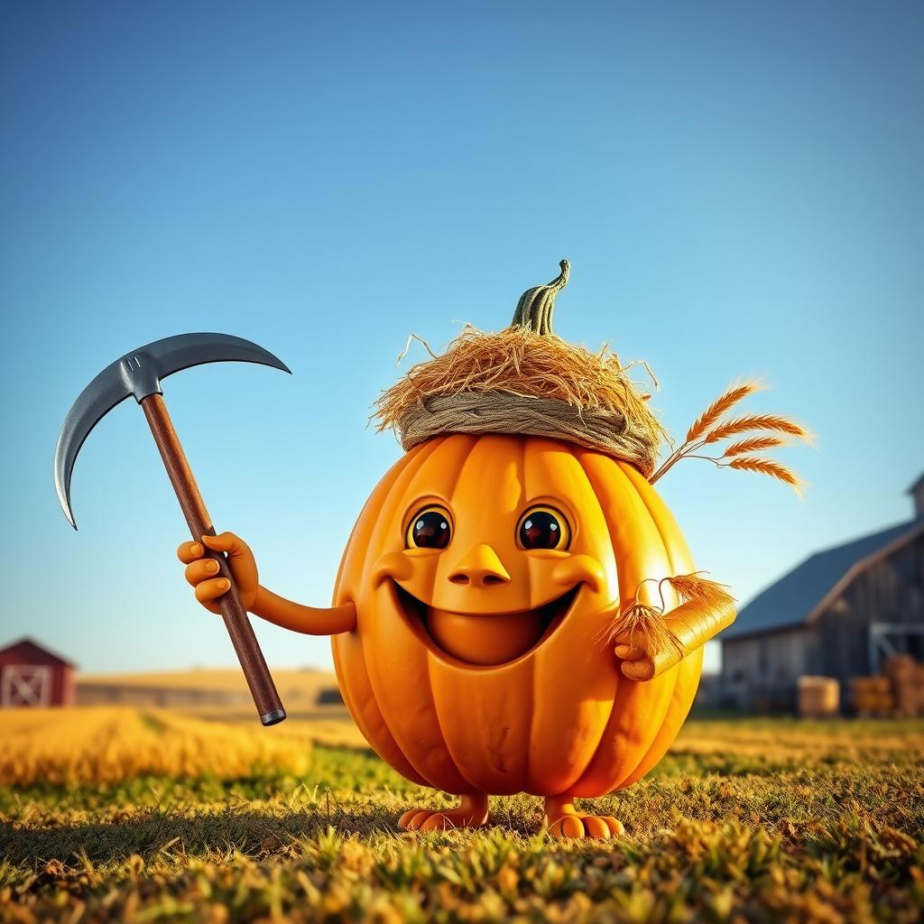 A whimsical pumpkin character resembling a farmer, wearing a self-made farmer's hat decorated with straw