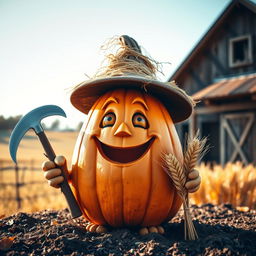 A whimsical pumpkin character resembling a farmer, wearing a self-made farmer's hat decorated with straw