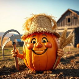 A whimsical pumpkin character resembling a farmer, wearing a self-made farmer's hat decorated with straw