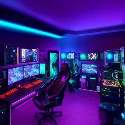 A sophisticated gaming room setup with high-end computer systems, vibrant RGB lighting, comfortable gaming chairs, and multiple monitors.