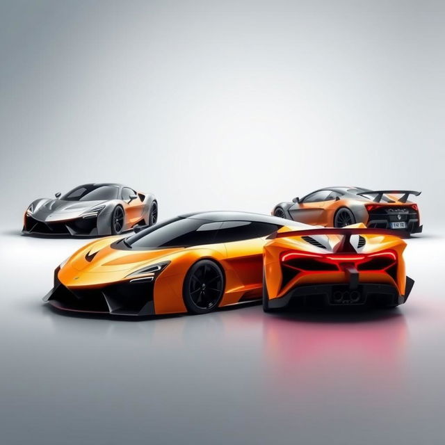 A showcase of a hypercar model from 2017, presented with four distinct angles: front view highlighting the bold grille and headlights, rear view showcasing the striking taillights and exhaust, side view capturing the sleek profile and aerodynamics, and a front 3/4 view to reveal the dynamic lines and aggressive stance