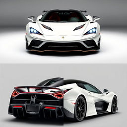 A showcase of a hypercar model from 2017, presented with four distinct angles: front view highlighting the bold grille and headlights, rear view showcasing the striking taillights and exhaust, side view capturing the sleek profile and aerodynamics, and a front 3/4 view to reveal the dynamic lines and aggressive stance
