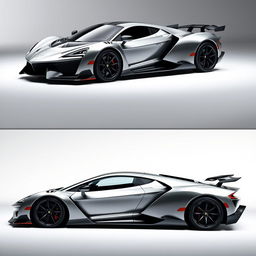 A showcase of a hypercar model from 2017, presented with four distinct angles: front view highlighting the bold grille and headlights, rear view showcasing the striking taillights and exhaust, side view capturing the sleek profile and aerodynamics, and a front 3/4 view to reveal the dynamic lines and aggressive stance