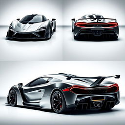 A showcase of a hypercar model from 2017, presented with four distinct angles: front view highlighting the bold grille and headlights, rear view showcasing the striking taillights and exhaust, side view capturing the sleek profile and aerodynamics, and a front 3/4 view to reveal the dynamic lines and aggressive stance