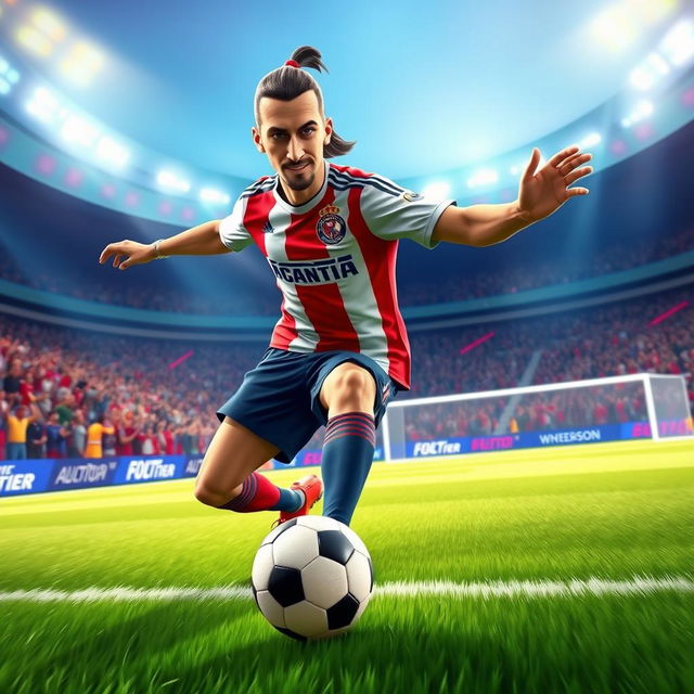 A dynamic and vibrant animation of Zlatan Ibrahimovic showcasing his iconic football skills, emphasizing his powerful kicks and elegant footwork on a lush green football pitch