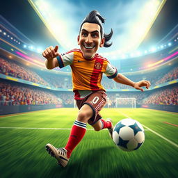 A dynamic and vibrant animation of Zlatan Ibrahimovic showcasing his iconic football skills, emphasizing his powerful kicks and elegant footwork on a lush green football pitch