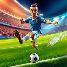 A dynamic and vibrant animation of Zlatan Ibrahimovic showcasing his iconic football skills, emphasizing his powerful kicks and elegant footwork on a lush green football pitch