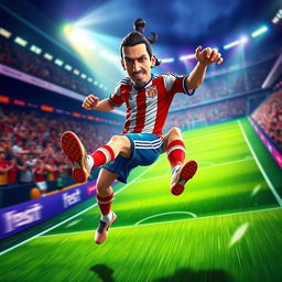 A dynamic and vibrant animation of Zlatan Ibrahimovic showcasing his iconic football skills, emphasizing his powerful kicks and elegant footwork on a lush green football pitch