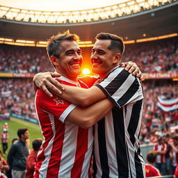 A heartwarming scene depicting a Red Star Belgrade fan and a Partizan Belgrade fan embracing each other in a show of camaraderie