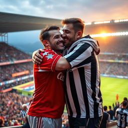 A heartwarming scene depicting a Red Star Belgrade fan and a Partizan Belgrade fan embracing each other in a show of camaraderie