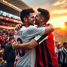 A heartwarming scene depicting a Red Star Belgrade fan and a Partizan Belgrade fan embracing each other in a show of camaraderie