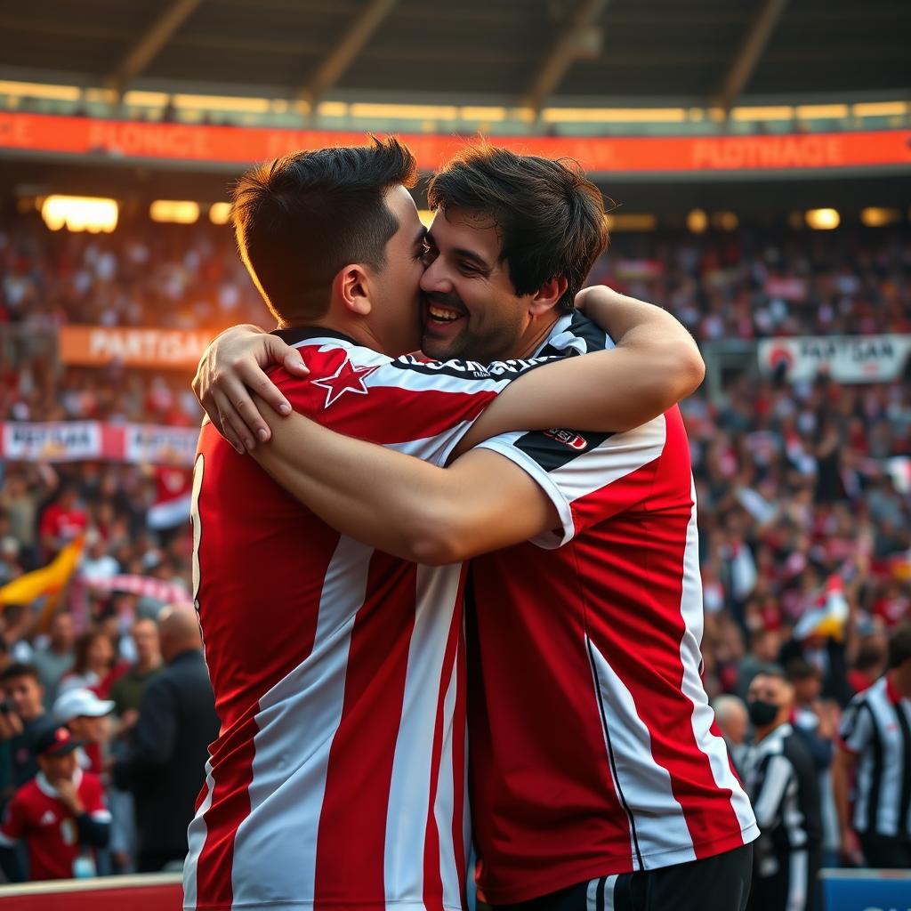 A heartwarming scene depicting a Red Star Belgrade fan and a Partizan Belgrade fan embracing each other in a show of camaraderie