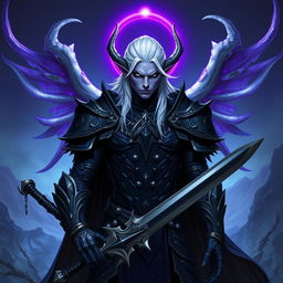A male Drow paladin character with striking purple skin, deep black eyes, and snowy white hair, perfectly clean-shaven