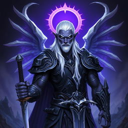 A male Drow paladin character with striking purple skin, deep black eyes, and snowy white hair, perfectly clean-shaven