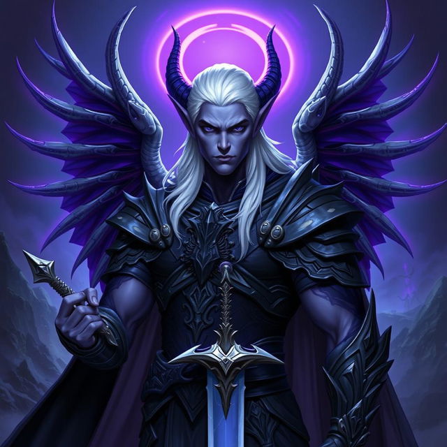 A male Drow paladin character with striking purple skin, deep black eyes, and snowy white hair, perfectly clean-shaven