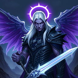 A male Drow paladin character with striking purple skin, deep black eyes, and snowy white hair, perfectly clean-shaven