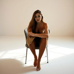 A young woman sitting on a chair in a minimalist room, displaying a sense of confidence and elegance
