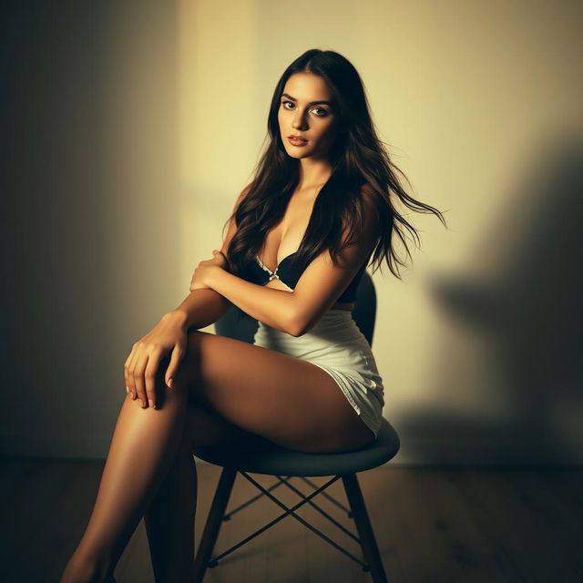 A young woman sitting on a chair in a minimalist room, displaying a sense of confidence and elegance