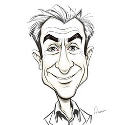A caricature sketch of Itamar Ben-Gvir, featuring exaggerated facial traits that highlight his strong jawline, prominent eyebrows, and animated expressions
