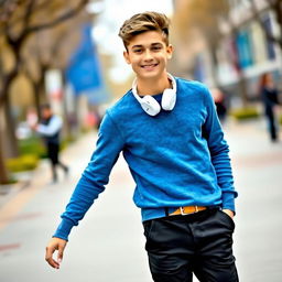 A handsome teenage boy, around 15 years old, wearing a stylish blue sweater paired with black jazz pants