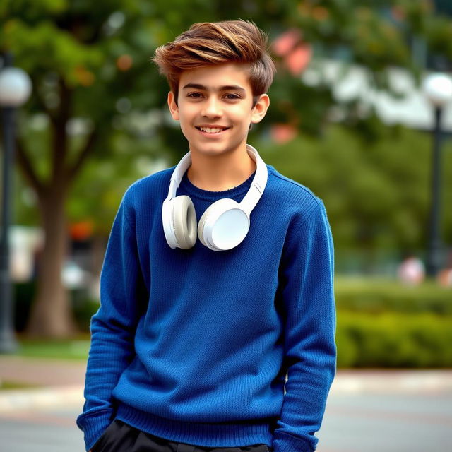 A handsome teenage boy, around 15 years old, wearing a stylish blue sweater paired with black jazz pants