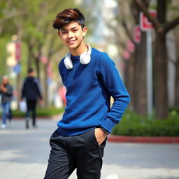 A handsome teenage boy, around 15 years old, wearing a stylish blue sweater paired with black jazz pants
