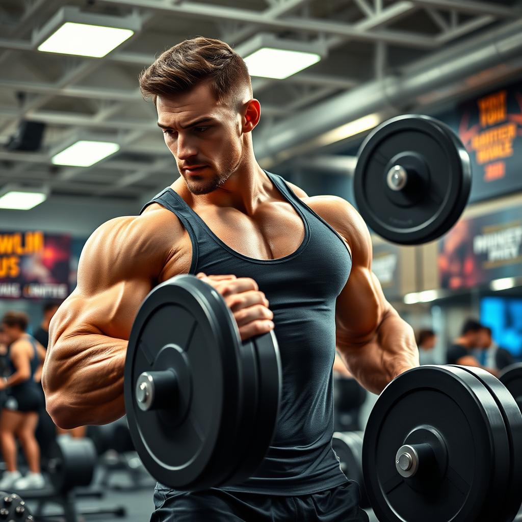 A strong and muscular person lifting heavy weights in an ultra-modern gym, showcasing determination and focus on their face, bright gym lights shining down, vibrant energy in the atmosphere, motivational posters on the walls, sweat glistening on their forearms, wearing a fitted workout tank top and shorts