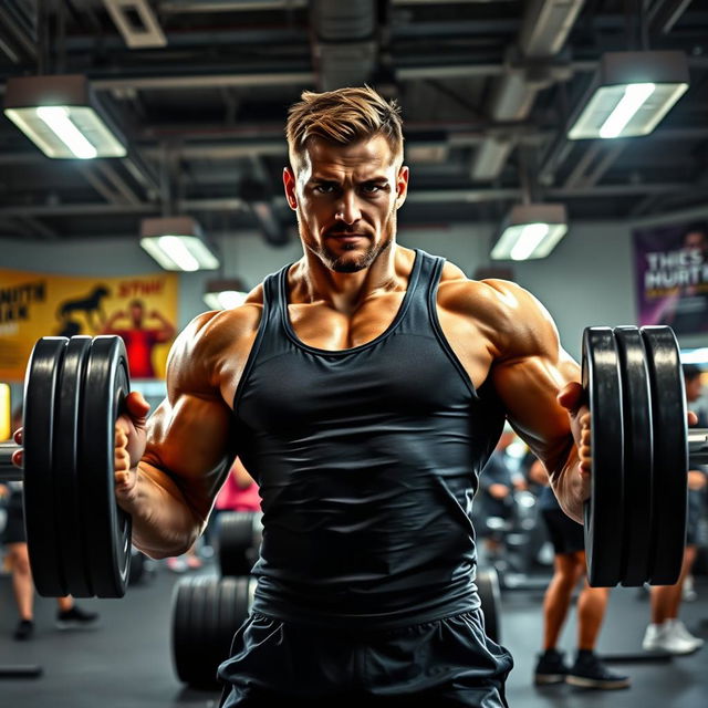 A strong and muscular person lifting heavy weights in an ultra-modern gym, showcasing determination and focus on their face, bright gym lights shining down, vibrant energy in the atmosphere, motivational posters on the walls, sweat glistening on their forearms, wearing a fitted workout tank top and shorts