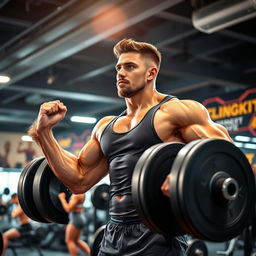 A strong and muscular person lifting heavy weights in an ultra-modern gym, showcasing determination and focus on their face, bright gym lights shining down, vibrant energy in the atmosphere, motivational posters on the walls, sweat glistening on their forearms, wearing a fitted workout tank top and shorts