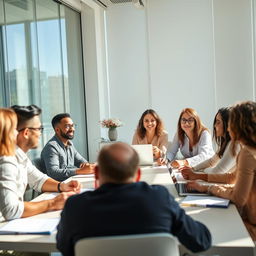 A successful manager stands confidently in a bright office environment, engaged in a collaborative discussion with a diverse team of energetic and inspired individuals