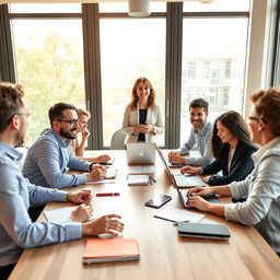 A successful manager stands confidently in a bright office environment, engaged in a collaborative discussion with a diverse team of energetic and inspired individuals