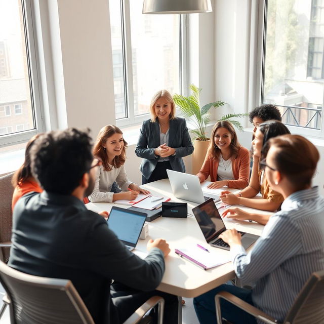 A successful manager stands confidently in a bright office environment, engaged in a collaborative discussion with a diverse team of energetic and inspired individuals