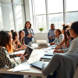 A successful manager stands confidently in a bright office environment, engaged in a collaborative discussion with a diverse team of energetic and inspired individuals