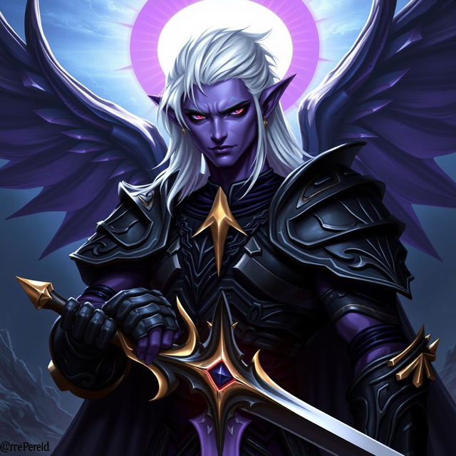 A male Drow paladin character with vibrant purple skin, deep black eyes, and striking white hair, perfectly clean-shaven